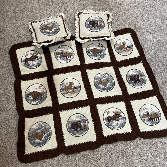 Hand Knit Blanket & Pillow set with Wildlife appliqué deer bear nursery bedding